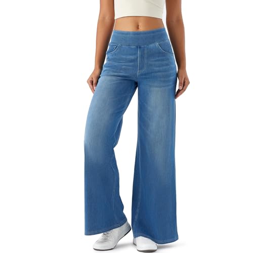 La Mejor Lista de Jeans Mezclilla que puedes comprar esta semana. 46 Jeggings de pierna ancha de talle alto para mujer, pantalones elásticos de estilo vaquero, tela vaquera suave con bolsillos, Mezclilla azul, XL