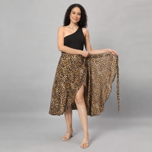 Image of Women's Floral & Animal Print Wrap Skirt - Midi Length A-Line Summer Skirt with Side Tie-Up, Tropical Cheetah Tiger Casual Beach Wear