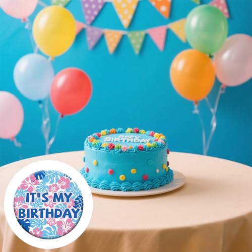 It’s My Birthday Button, 2.3in Happy Birthday Badge Pin with Hibiscus Blossom & Palm Leaf Design for Boys Girls Men & Women Party Badge Brooch Decorations Supplies (Pink, Blue)4