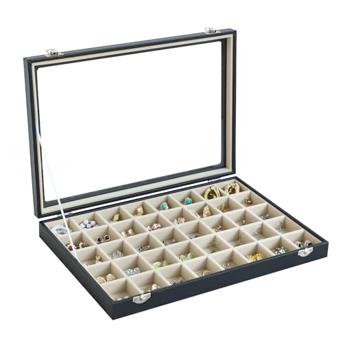 Stratalife Jewelry Organizer 40 Grid Beige Black Jewelry Tray with Clear Dust-proof Lid Velvet Earring Organizer Necklace Rings Holder Display Drawer Storage Case for Women Beige-Black 40 Gr