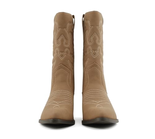 Image of Soda inchTELLER inch ~ Women's Western Cowboy Boots with Stitched Detailing, Pointed Toe, and Low Block Heel