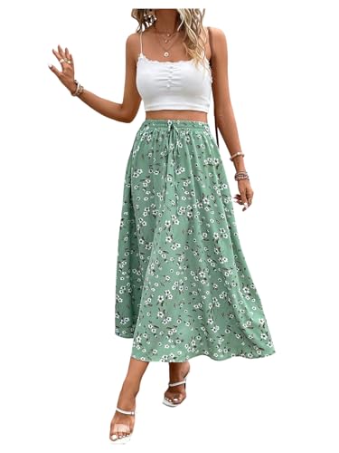 Women's Boho Floral Flowy Midi Skirts Drawstring Waist Graphic Vacation Summer Skirt