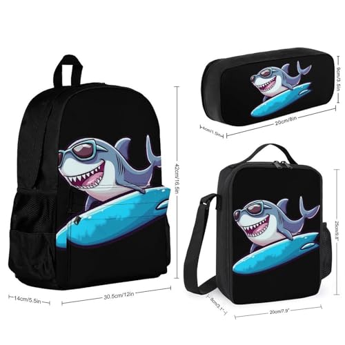 Surfing Shark Backpack 3 Set with Lunch Bag Insulated Shoulder Meal Tote Bags Pencil Case Box Casual Daypack2