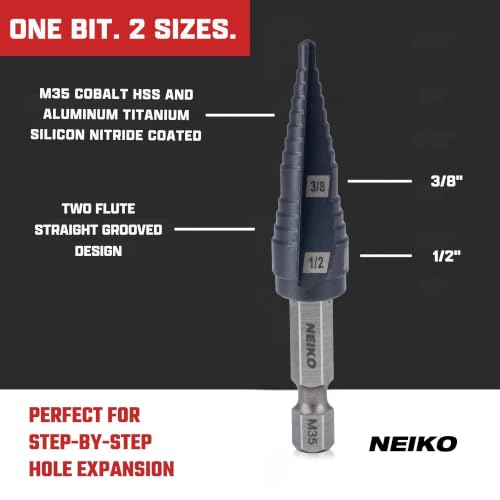 Image of NEIKO 10616B Step Drill Bit, 2 Steps 3 /8 inch to 1 /2 inch Straight M35 Cobalt, AlTiSiN Coated, 1 /4 inch Quick Change Step Bits for Steel, Metal, Wood, Plastic, Unibit Cone Drill Bits, Two Flute