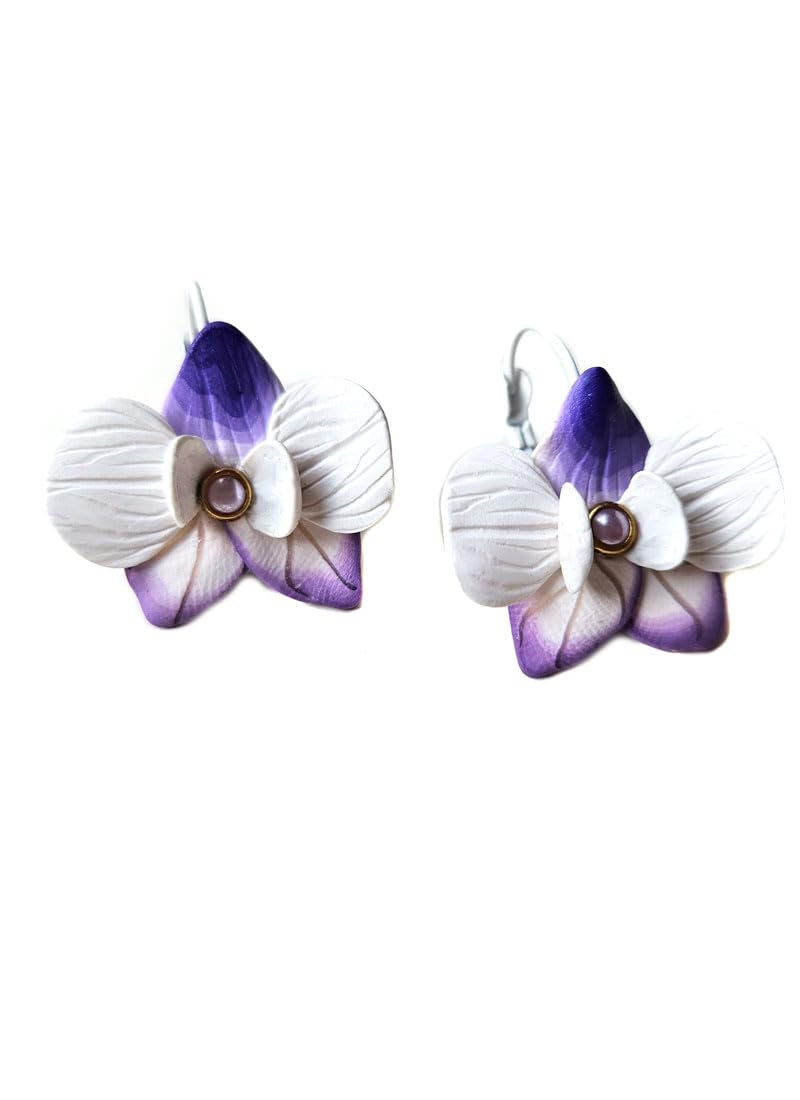Pendientes Orquidea pequeños de arcilla polimerica, hechos a mano, Pieza unica