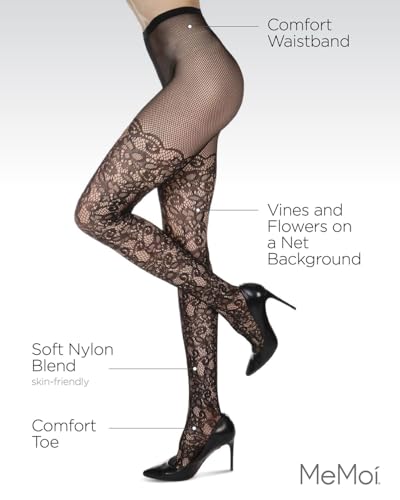 MeMoi Women's Artistic Garden Nylon Net Tights Black Medium/Large3