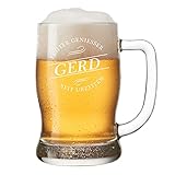 Das Bierkrug aus hochwertigem und robusten Glas wird nach Ihren Angaben graviert, die Gravur ist kratz-und spülmaschinenfest, robustes Klarglas mit Henkel