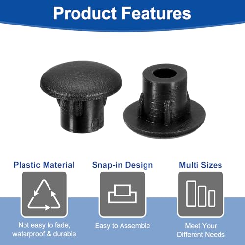 Image of uxcell 2000Pcs Screw Hole Plugs, 5mm(3 /16 inch) Dia Plastic Round Button Plugs Snap in Locking Hole Covers Flush Type Caps for Furniture Cabinet, Black