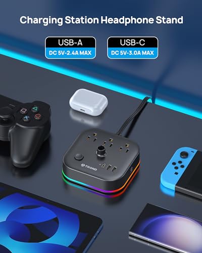 TROND Headphone Stand with USB C, Desk Gaming Headset Holder with 3 AC Outlets, 2 USB A and 1 USB C, Headset Stand with 5 RGB Light Modes, for Gaming Desk Accessories Gamer Boyfriend Gifts