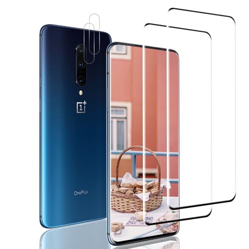 [2+2 Pack] Screen Protector OnePlus 7 Pro/ 7T Pro, [Anti-Scratch] [Bubble Free] [Full Screen Coverage] HD Clear Tempered Glass, HD Screen Protector + Camera Lens Protector
