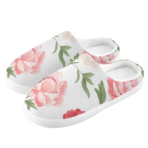 JUNZAN Cute Peonies White Womens Cotton House Slippers Non Skid Memory Foam Ladies Slippers for Indoor Funny Presents 6-74