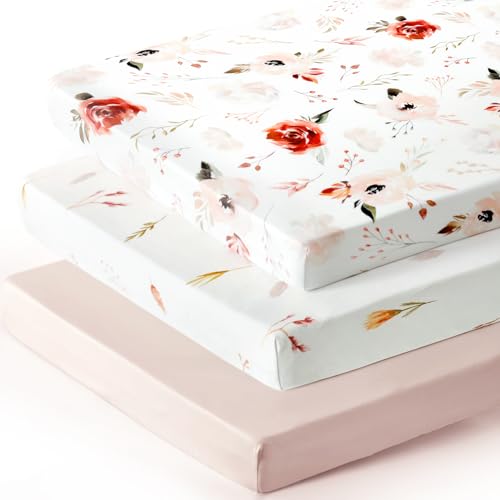 Image of Pack n Play Sheets Fitted 3 Pack, Stretchy Ultra Soft Jersey Knit Pack and Play Sheets, Universal Fitted Portable/Mini Crib Mattresses Snug and Safe, Pretty Watercolor Rose Flora for Baby Girls