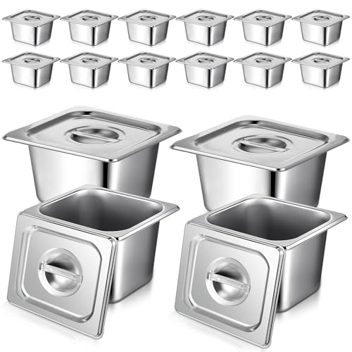 Image of 16 Set 1 /6 Stainless Steel Pans with 16 Lids, 2Tongs, 4Spoons, 4 Inch Deep