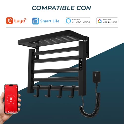 Miniatura 2 de Yoevu Toallero Eléctrico 100w, Compatible Con Alexa Estante Superior Pantalla Lcd Táctil, Control Wifi, Montaje En Pared Aleación De Aluminio, Negro