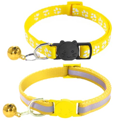 2 Pack Breakaway Cat Collars with Bells, Reflective Design and Claw Print Design, Safety Buckle Kitten Collars Adjustable from 7.5 to 12.5 Inches (Yellow)