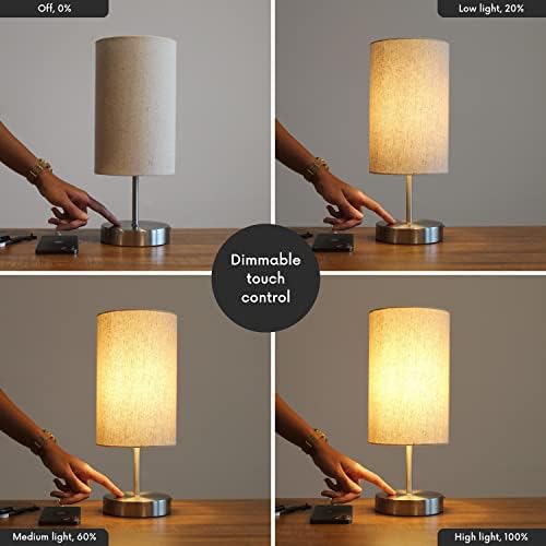 Caza Bedside Lamps, Touch Lamps Bedside with 2 USB Charging Ports, A Bedside Lamp with USB & USB C, Dimmable Bedside Table Lamp with Fabric Shade for Bedroom, Living Room, Office, LED Bulb Included