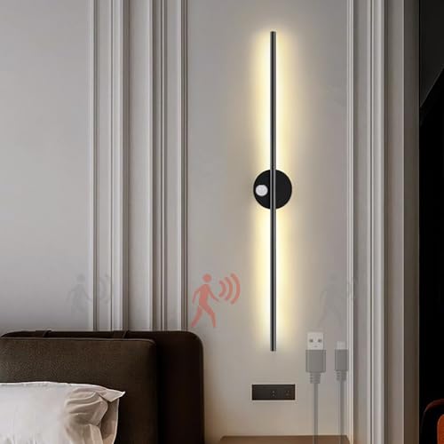 Apliques de pared inalámbricos LED con sensor de movimiento giratorio de 360°, lámpara recargable por USB, para sala de estar, dormitorio y escaleras, color negro, funciona con pilas de 100 cm