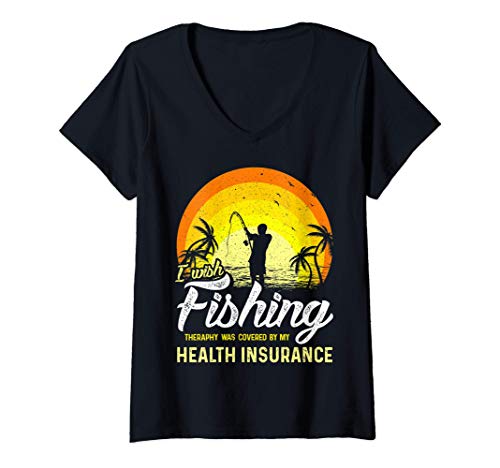 Femme Funny Fishing Rod Therapy Humor Sarcasm Rod Sunset Fisherman T-Shirt avec Col en V