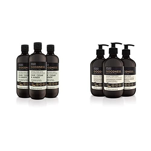 Baylis & Harding Goodness Oud, Cedar and Amber Body Wash, 500ml, (Pack of 3) - Vegan Friendly & Goodness Lemongrass & Ginger Hand Wash, 500 ml, (Pack of 3) - Vegan Friendly
