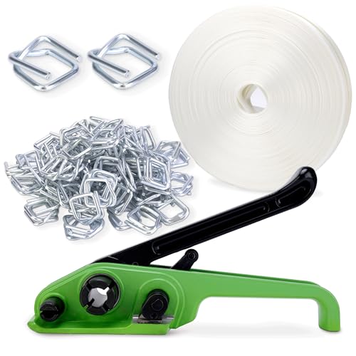 DJSUNPACKING Banding Strapping Kit Pallet Packaging Strapping Tool Set,Upgraded Strapping Tensioner,3/4" x 330' Heavy Duty Woven Cord (2500 LBS Break Strength), 100 Metal Wire Buckles