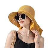 Sombreros Panamá Sombrero de Pescador de Verano for Mujer con Chal, Ligero, Transpirable, de Malla, con protección for el Cuello y la Cara, con diseño de Lazo Plisado, for Viajes y Playa.(Yellow)