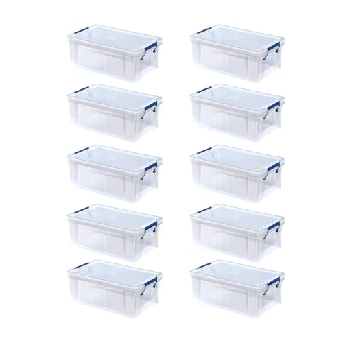Image of Bankers Box 10pk x 10L Plastic Storage Boxes with Lids. ProStore Super Strong Stackable Plastic Storage Boxes (14 x 34 x 21.5cm), Made in the UK, Clear