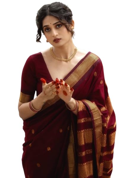 Banarasi Kanjivaram Cotton Silk Saree, Maroon with Gold Zari Border, with Unstitched Blouse Material-picture-31