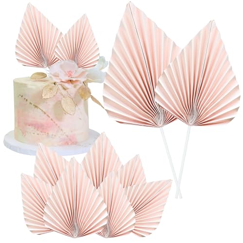 Gyufise 6pcs Paper Palm Fan Cake Toppers - Palm Leaf Fan & Spear Leaf Cupcake Toppers - Cake Insert Decoration for DIY Craft Projects, Home, Wedding & Party Supplies - Pink