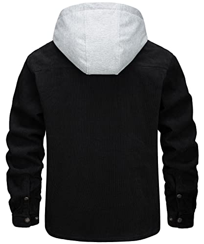 Tacvasen Men's Work Corduroy Jacket Lightweight Hoodie Button Closure Quilted Cotton Lined Winter Jacket Black, L #TOP1