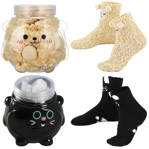 2 Pairs Funny Socks Gift for Women with Clear Bear Bottle Soft Fuzzy Fluffy Slipper Socks Winter Warm Ornament Sleeping Cat Sheep Stocking Stuffers Decor for Birthday Christmas