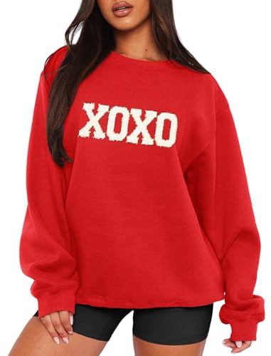 MAPICK Oversized Sweatshirt for Womens Crewneck Letter Printed Sweaters Tops Embroidered Chenille Shirt(Red,XX-Large)