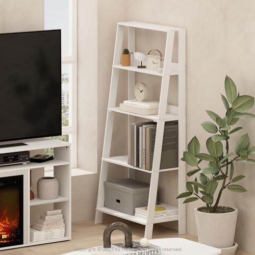 Image of Furinno Ladder Bookcase Display Shelf, 5-Tier, White | 13 x 23.6 x 53.5, Open Frame Design Bookshelf, Display Storage Shelves, for Living Room, Home Office