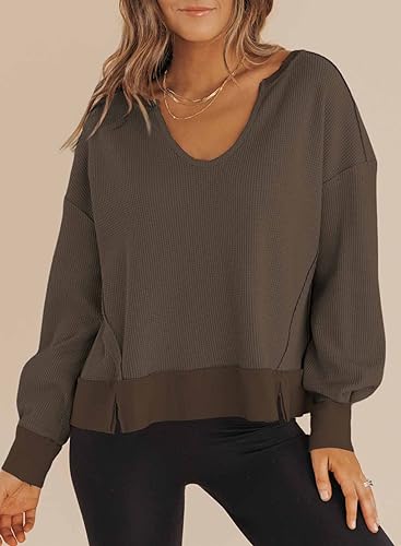 Dokotoo Womens Spring Outfits V Neck Waffle Knit Tops Cropped Sweaters Long Sleeve Pullover Crop Top2