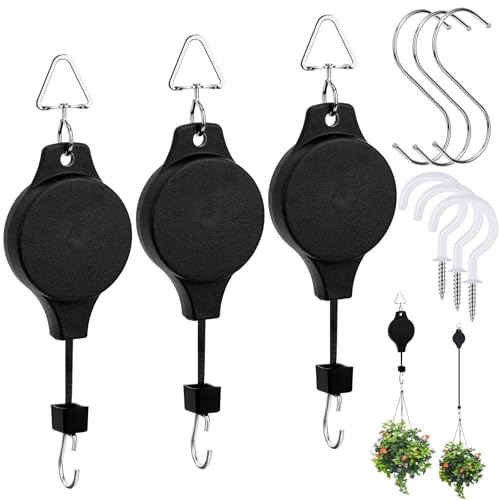 Yotako 3 Pcs Hanging Basket Pulley, Retractable Heavy Duty Plant Pulley Hook System with 3Pcs Ceiling Hooks and S-Hook, Plant Pulleys for Hanging Plants Basket Watering