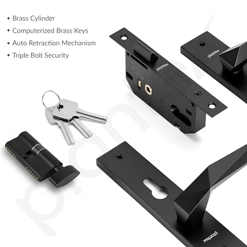 Image of Plantex Heavy-Duty Door Lock Handle Set /6-Lever Lock Mechanism with 3 Years of Warranty /Mortise Lock with 3 Keys, Brass Lock Body & Cylinder - (Z-Black)