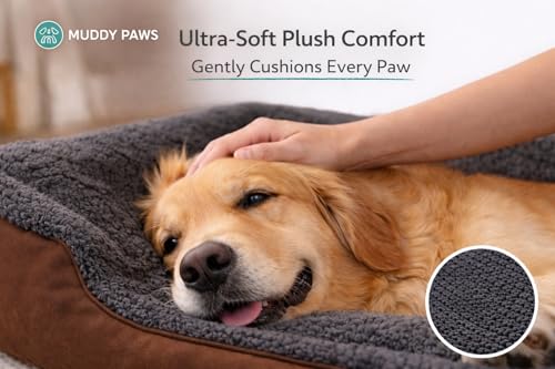 Image of MUDDY PAWS Reversible Sofa Style Dog Bed - Large (68 x 53 x 22 cm) - Plush Fur Surface, Removable Cushion & Anti-Skid Base - Brown & Grey