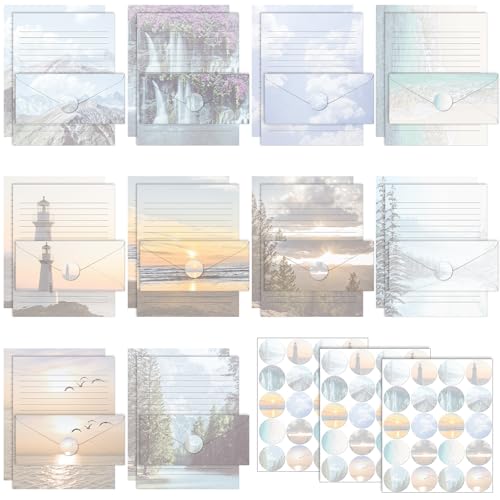 Image of TaoBary 160 Pcs Natural Scenery Stationery Paper and Envelopes Set | 8.5 x 11 '' Letter Writing Kit, 50 Double Sided Stationery Writing Papers 50 Matching Envelopes 60 Round Dot Sticker