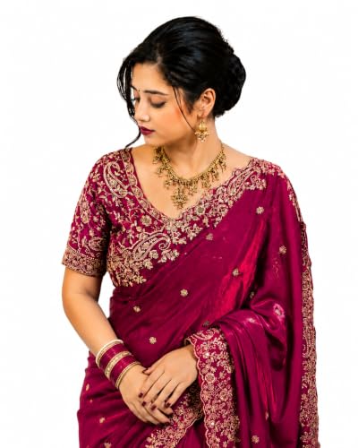 Image of DESTY Saree with Intricate Gold Embroidered Border & Designer Blouse