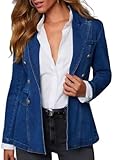 colarat Women's Jean Jackets Single Button Notched Lapel Long Sleeve Vintage Shacket Work Office Denim Blazer Jacket (Small, Blue)