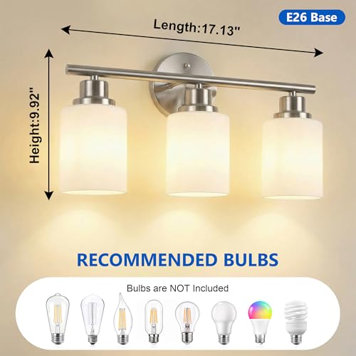 Image of Unicozin 3 Light Bathroom Light Fixtures, Modern Vanity Lights with Milky Glass Shade, Brushed Nickel Wall Lamp Over Mirror for Bathroom, Living Room, Cabinet, Bedroom, E26 Base