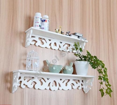 Image of Beautiful Wooden Shabby Chic Style Floating Wall Shelves | Bookshelf | Wall Mounted Decorative Display Shelf |Wall Brackets for Living Room (Set of 2 (White))