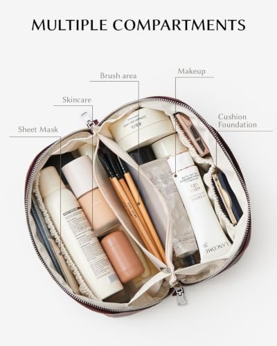 Image of EACHY Travel Makeup Bag Organizer, Toiletry Bag for Women, Cosmetic Pouch | Lychee Textured PU, TPU Brush Compartment, Water-Resistant Organizer, Large Capacity, Open Flat Design
