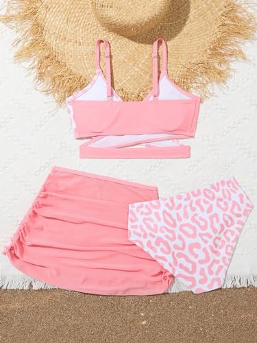 Milumia Girl's 3 Piece Swimsuits Leopard Print Wrap Bikini Bathing Suit with Coverup Skirt3