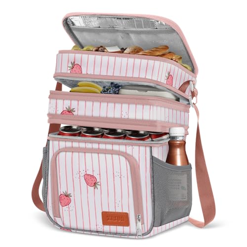 Image of ZRSUN Insulated Lunch Bag for Women Men, Reusable 3 Layers Lunch Box Women, Expandable Reusable Water-resistant Lunch Box for Work Travel Office Picnic Hiking (Pink)