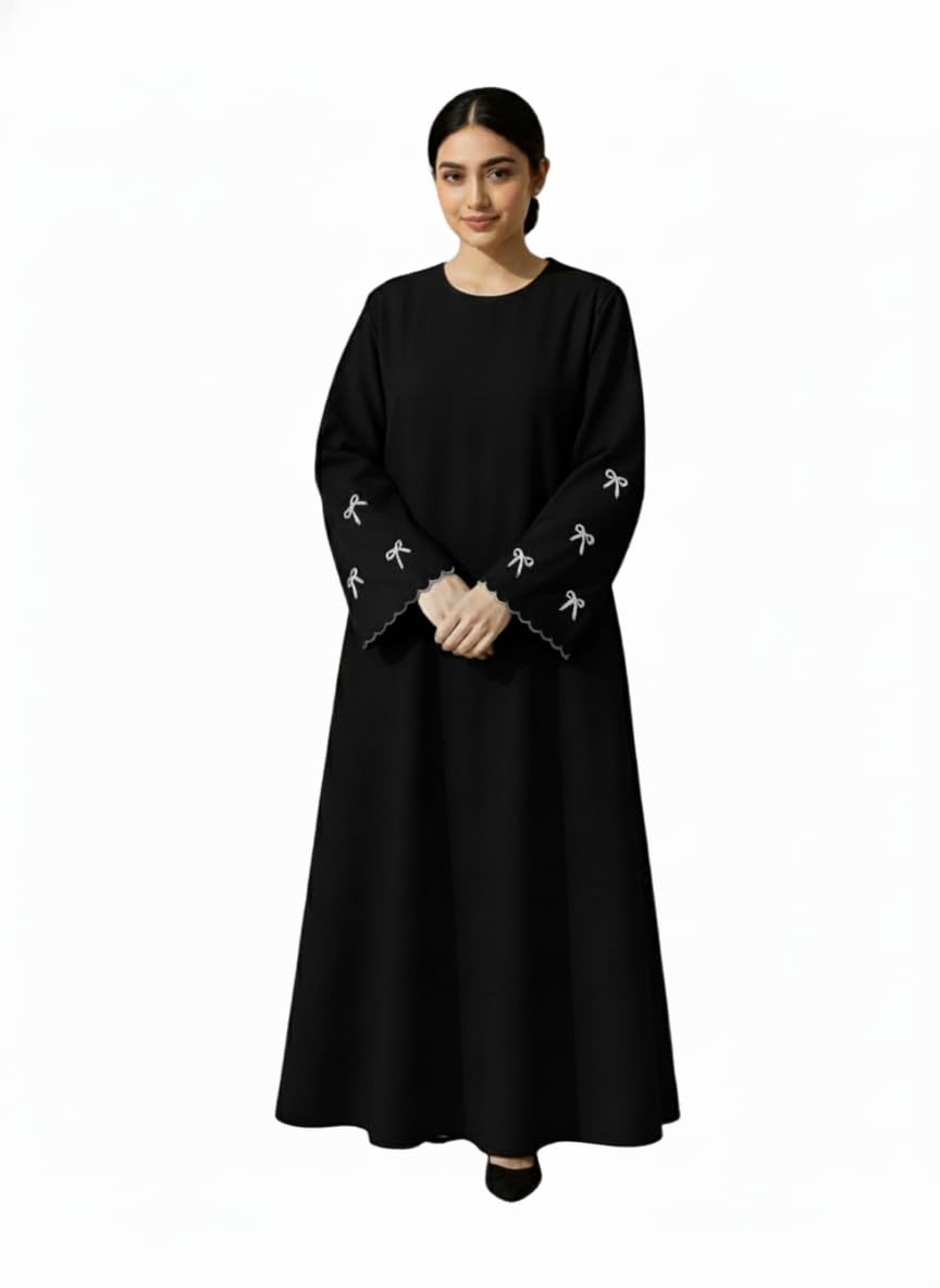Women’s Burqa with Bow Details White Embroidery, Long Bell Sleeves, Free Size up to 65 kg Chest is 44 inches and it is 56 inches Long Made by Firdous Fabric Suitable up to 65kg Body Weight.