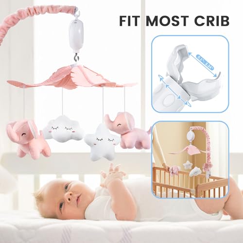 FEISIKE Crib Mobile for Girls with 3 Modes Digital Music Box（Turn Only, Music Only, Turn & Music), 35 Lullabies, Pink Elephant Nursery Mobile, Clamp Type, Pretty Box Packaging - Thumbnail 4