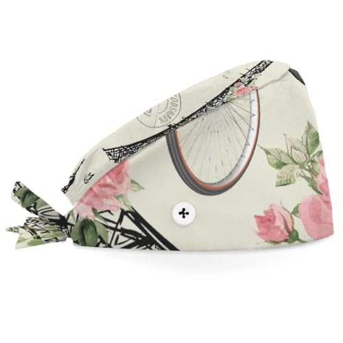 Mularoka Rose Tower Bikes Working Caps with Button Sweatband Comfortable Adjustable Bouffant Hats Work Hat for Women Men