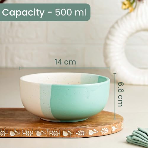 Image of The Earth Store Tritone Green Matte Ceramic Bowl Set of 4 - 500ML Each with Nob Wooden Lid | Mixing Bowls for Snacks, Rice, Dal, Fruits, Salad Microwave Safe Bowl with Lid Perfect Gifting & Daily Use