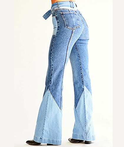 SOMTHRON Women's Patchwork High Waisted Belted Flare Jeans Bell Bottom Color Block Retro Vintage Long Denim Pants4