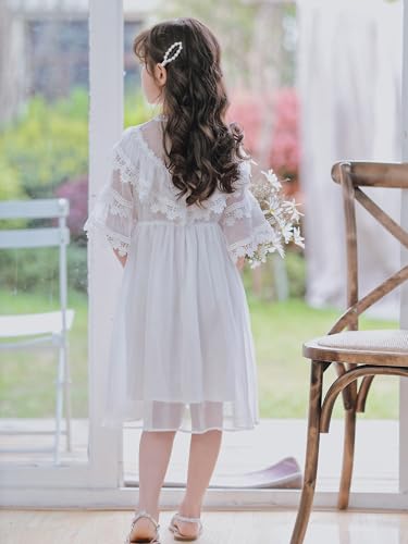 New 3-15Years Girls White Lace Dress Flutter Sleeve Vintage Boho Style Flower Girl Wedding Party Special Occasion3